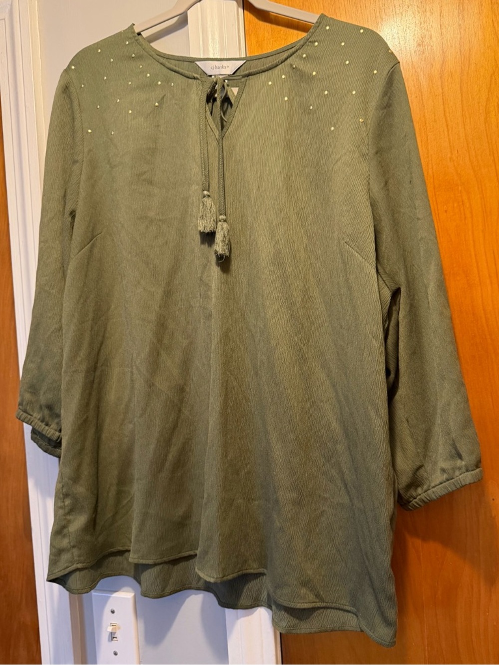 CJ Banks Olive Tassel Neck Long-Sleeve Blouse EUC